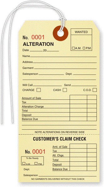 Sale, Lay Away ,Alternation Tags and Folding Pin Tickets