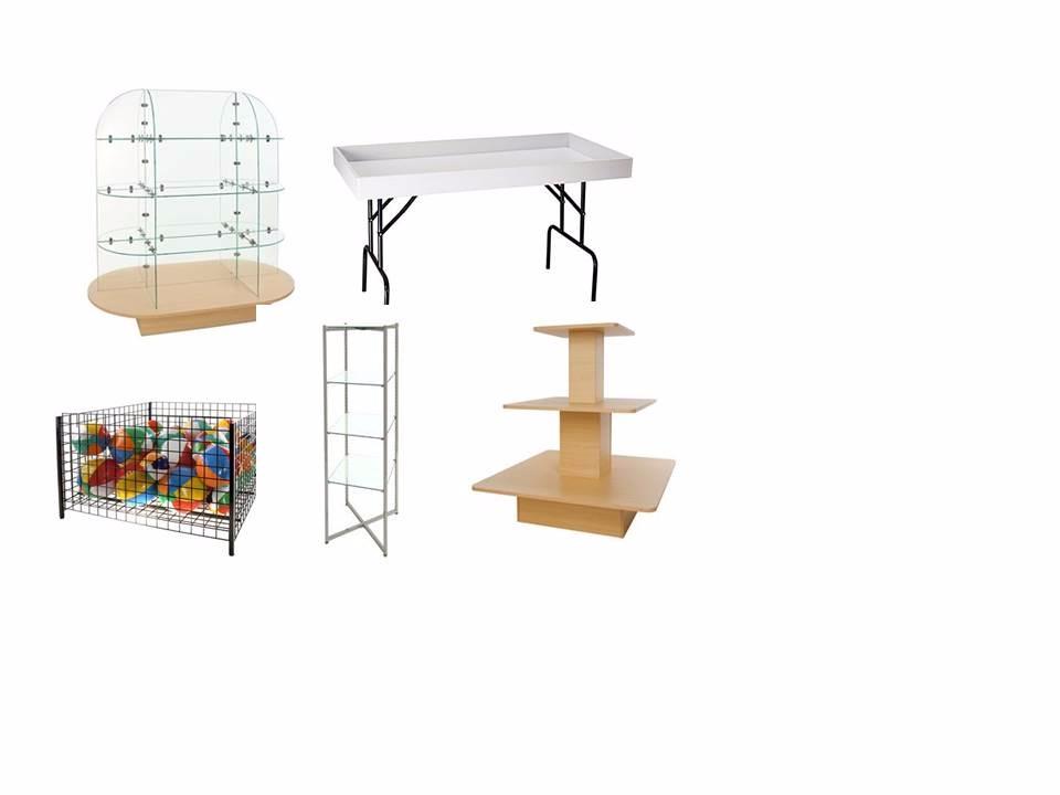 Tables, Baskets ,Shelving Racks and Glass Towers